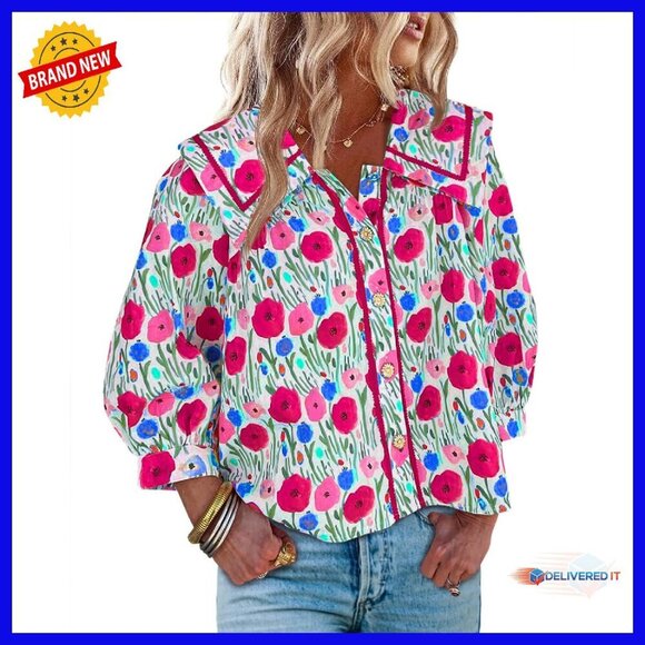 Tops - Floral Button Down Blouse 3/4 Sleeve Square Neck Collared Top